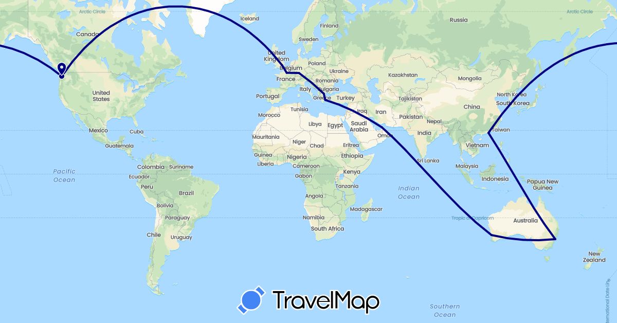 TravelMap itinerary: driving in United Arab Emirates, Australia, China, Germany, France, United Kingdom, Greece, United States (Asia, Europe, North America, Oceania)