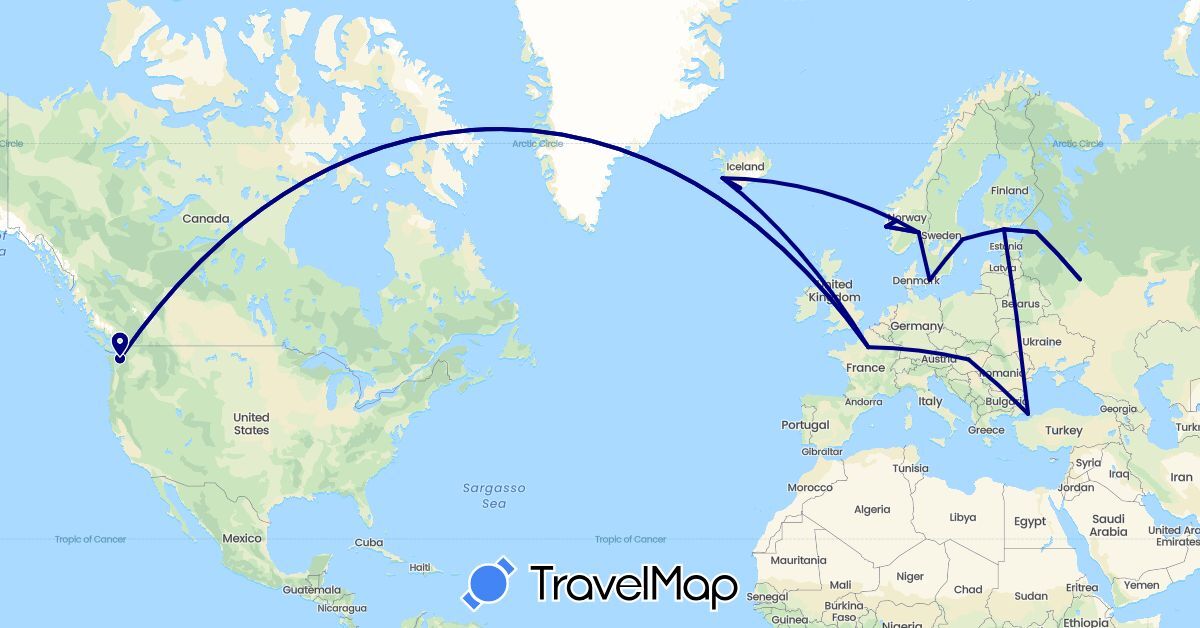 TravelMap itinerary: driving in Denmark, Finland, France, Hungary, Iceland, Norway, Russia, Sweden, Turkey, United States (Asia, Europe, North America)